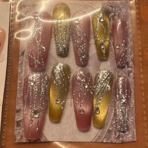 Press On Nails‎ Pink Gold Glitter Rhinestone Glam False Nail Set